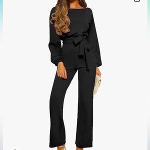 Addkaka Women’s Crew Neck Short Sleeve One-Piece Tie Waist Long Jumpsuit